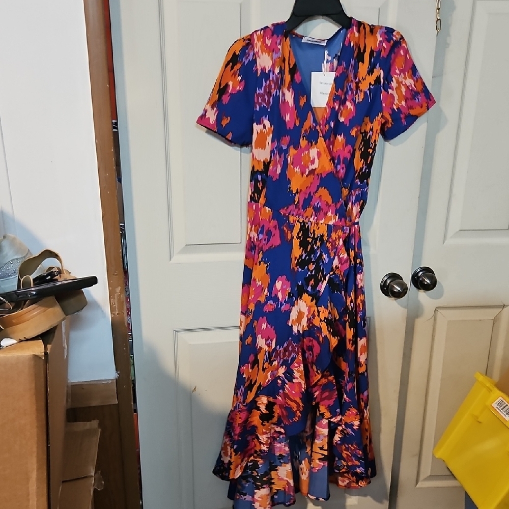 ORQUWEH WRAP DRESS: BLUE/PINK/ORANGE: NEW WITH TAGS: SIZE S